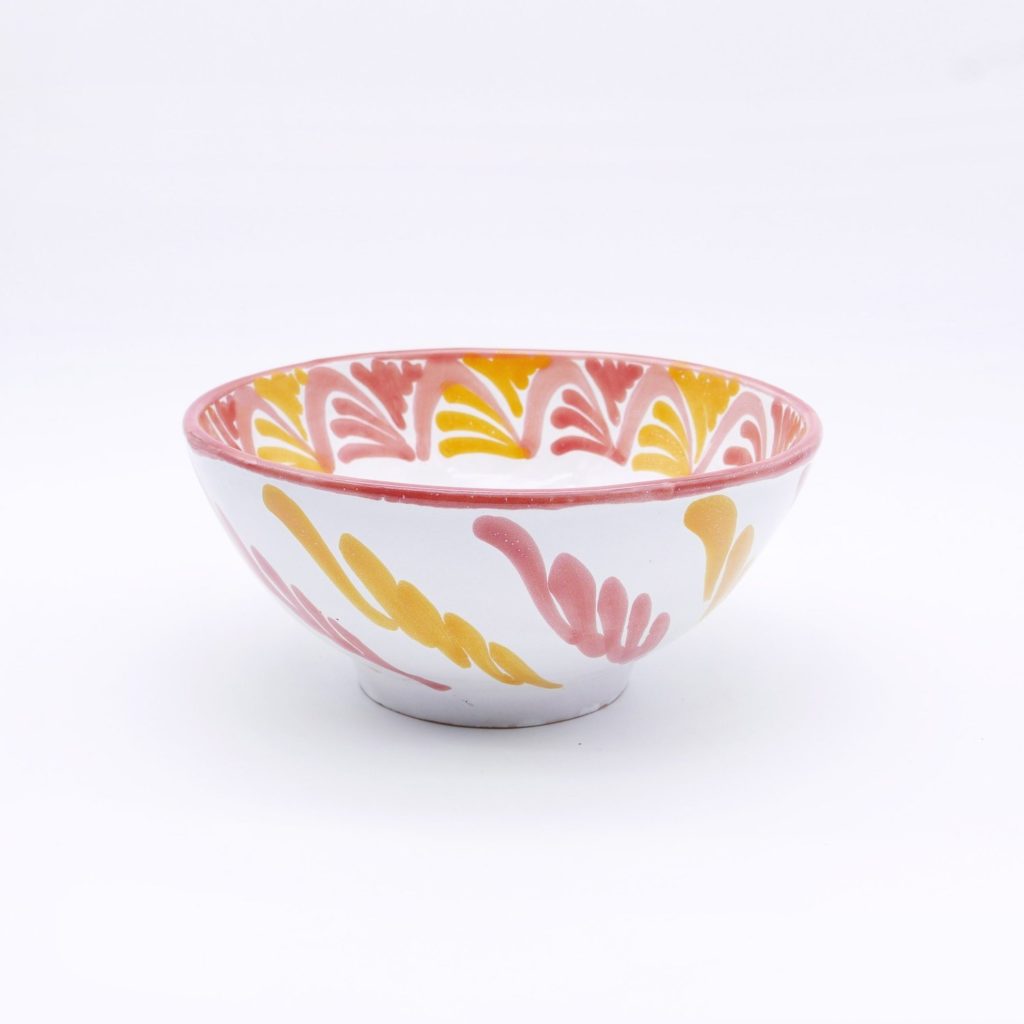 Grand bol - Saladier individuel en céramique blanche, rose et jaune. Décor peint à la main par un potier espagnol artisanat éco-responsable et durable