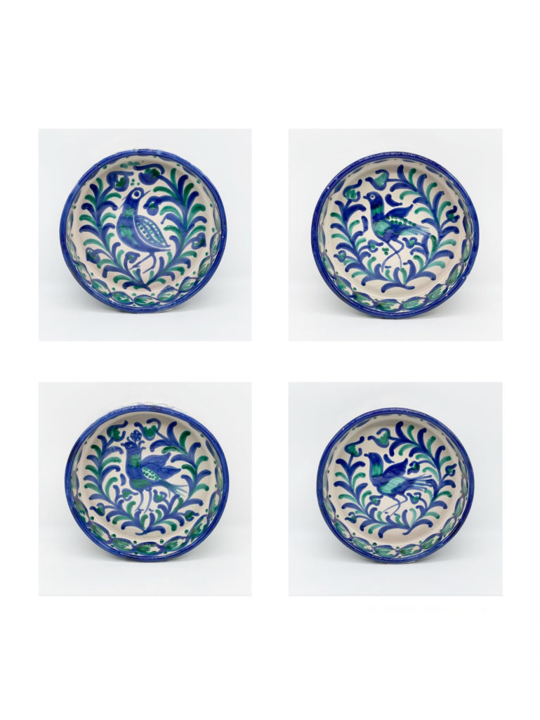 Ceramic round salad bowl with bird pattern hand-painted with blue and green in Spain