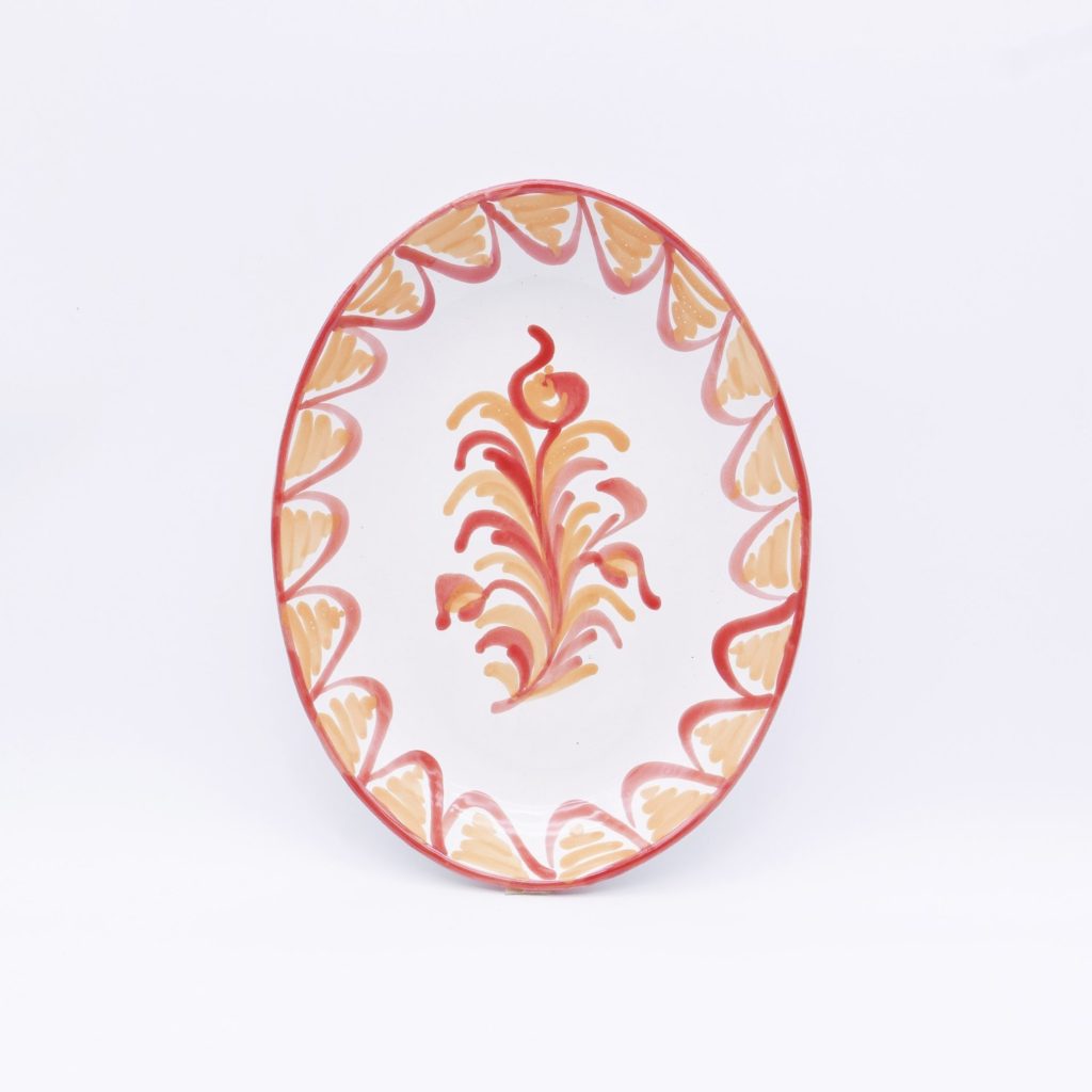 Datcha - Plat ovale espagnol en terre cuite de type Casa Lopez avec motif végétal plante et grenade en rose et rouge