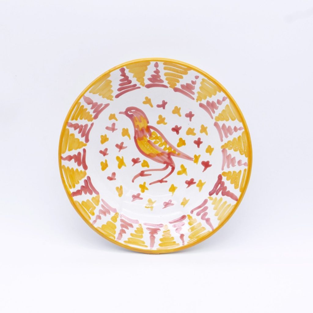 Grand plat de service andalou à motif d'oiseau perruche peint à la main en jaune et rose pamplemousse