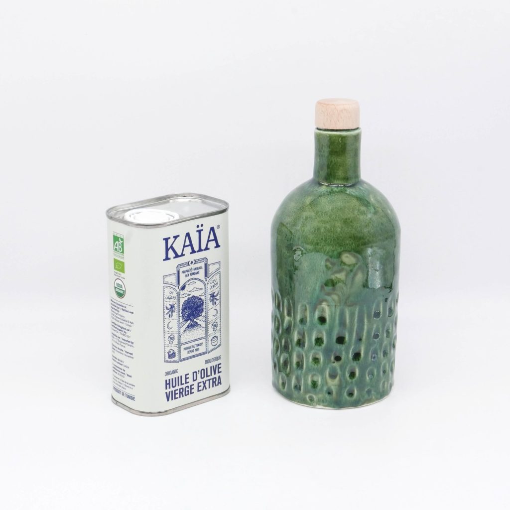 Coffret cadeau bouteille huilier en céramique vert et bidon huile d'olive Bio tunisienne