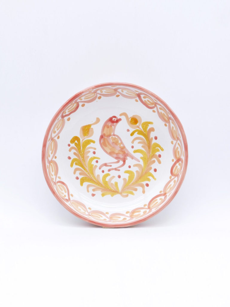 Plat de présentation - saladier à motif oiseau en blanc rose et jaune