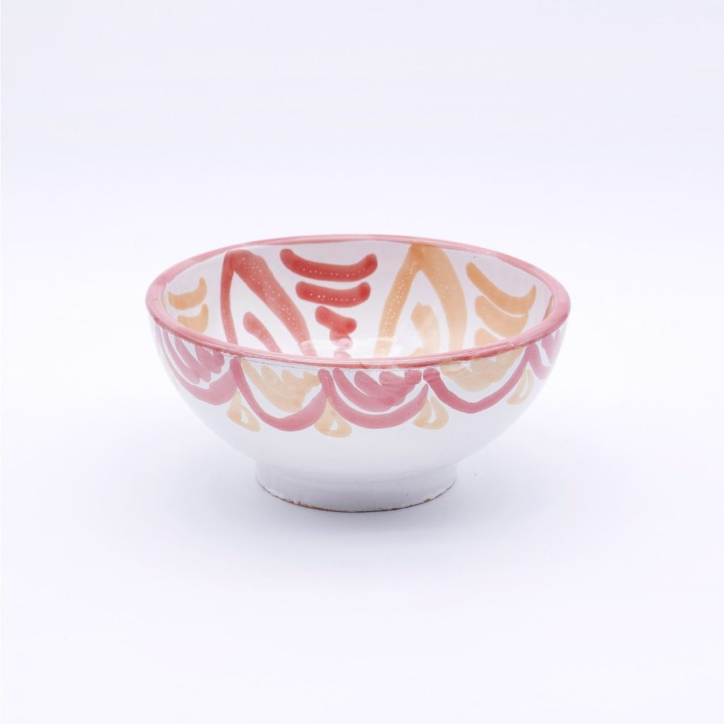 Bol à céréales ou a soupe ou apéritif en faïence blanche et décor rose et beige peint à la main par un artisan potier espagnol